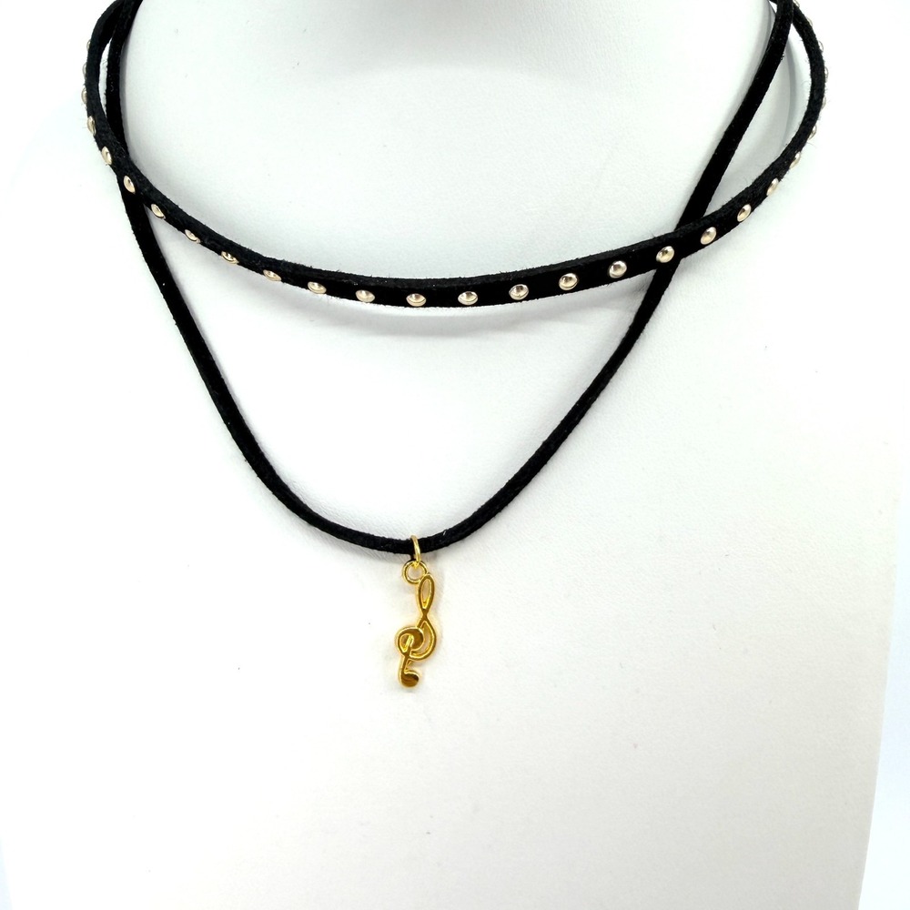 Vintage Black Suede Choker Necklace Double Strand Studded Treble Clef